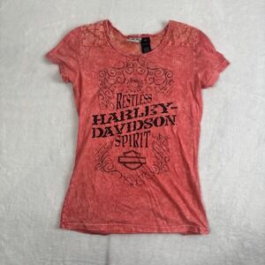 Y2K Harley Davidson Restless Spirt Lace Floral Peach Short Sleeve Top Women's XS